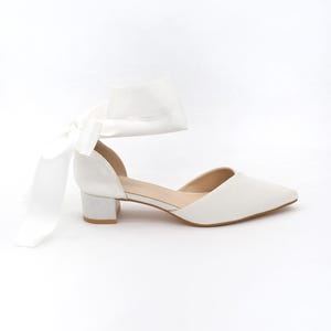 White Satin Pointy Toe Low Block Heels Wedding Shoes with Wrapped Ribbon Tie, Wedding Shoes, Bridal Low Heels, Satin Wedding Shoes