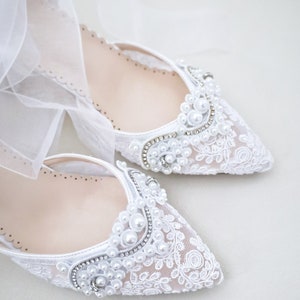 White Crochet Lace Almond Toe Block Heel With Small Pearls Applique ...