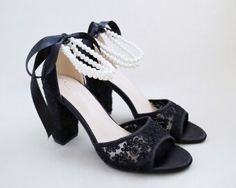 Black Crochet Lace Block Heel Sandals with Double Pearls Ankle Strap, Evening Shoes, Bridesmaids Sandals, Bridal Heels Sandals