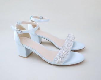 Light Blue Satin Block Heel Sandal with Rhinestones Chassia Flower, Women Sandals, Bridesmaid Shoes, Something Blue, Bridal Heel Sandals