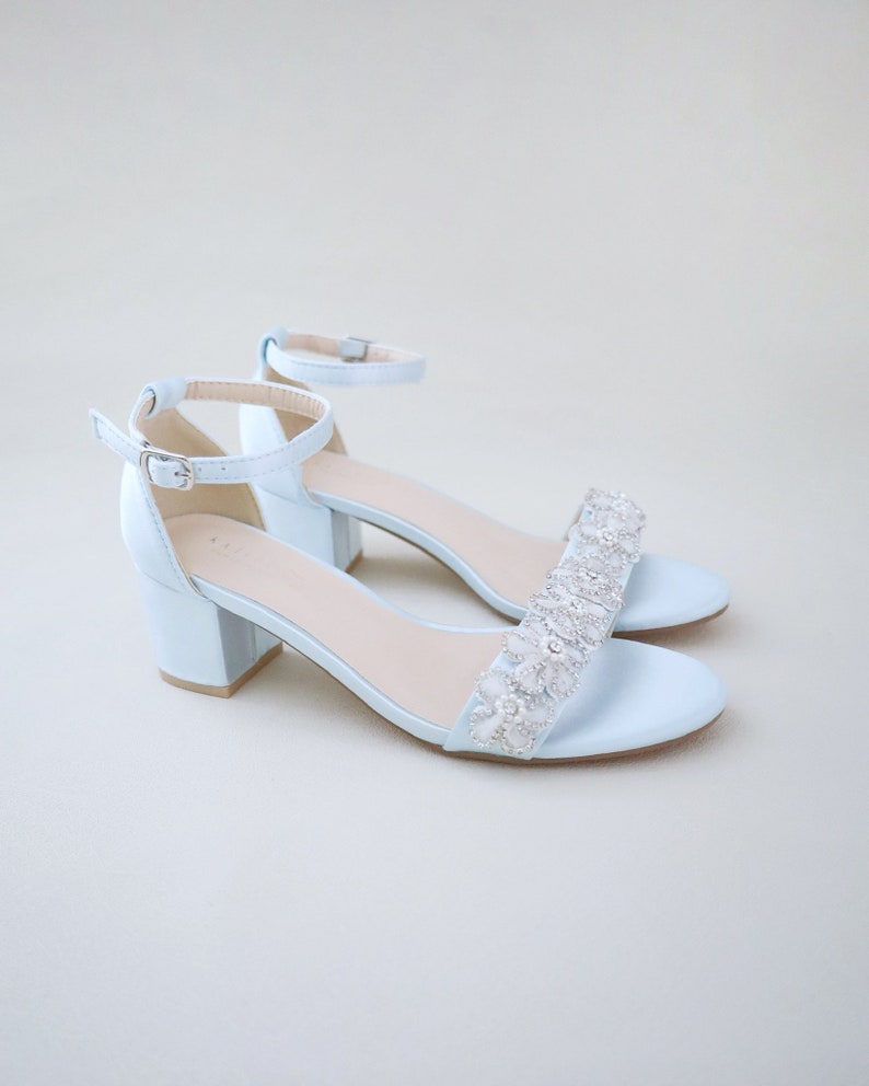 Light Blue Satin Block Heel Sandal with Rhinestones Chassia Flower, Women Sandals, Bridesmaid Shoes, Something Blue, Bridal Heel Sandals image 1