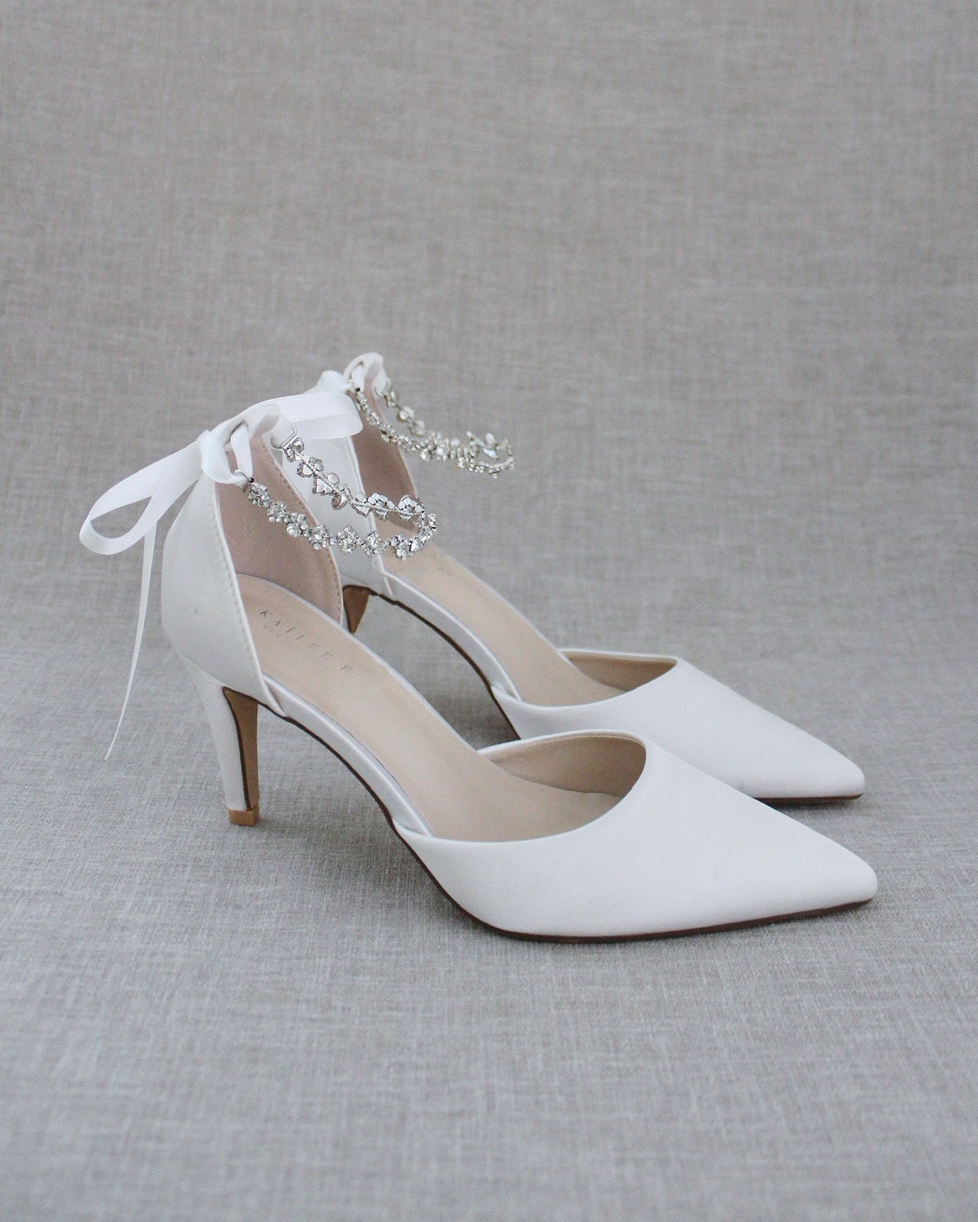 White Satin Pointy Toe HEELS With Amaryllis Crystal Strap, Wedding ...