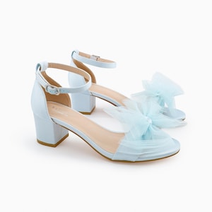 Light Blue Satin Block Heel Sandal with Front Oversized TULLE BOW, Women Sandals, Bridesmaid Shoes, Flower Girls Shoes, Something Blue