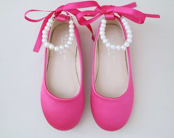 Fuchsia Satin Flats with Pearls Ankle Strap - Fall flower girls shoes, Holiday Shoes, Birthday Shoes, Valentine's Shoes