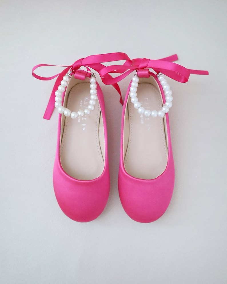 Fuchsia Satin Flats with Pearls Ankle Strap Fall flower girls shoes, Holiday Shoes, Birthday Shoes, Valentine's Shoes image 1