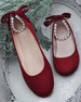 Women & Kids Shoes | Burgundy Satin Flats with Pearls Ankle Strap - Flower girls shoes, Fall Wedding Shoes, Bridesmaids Shoes, Holiday Shoes 
