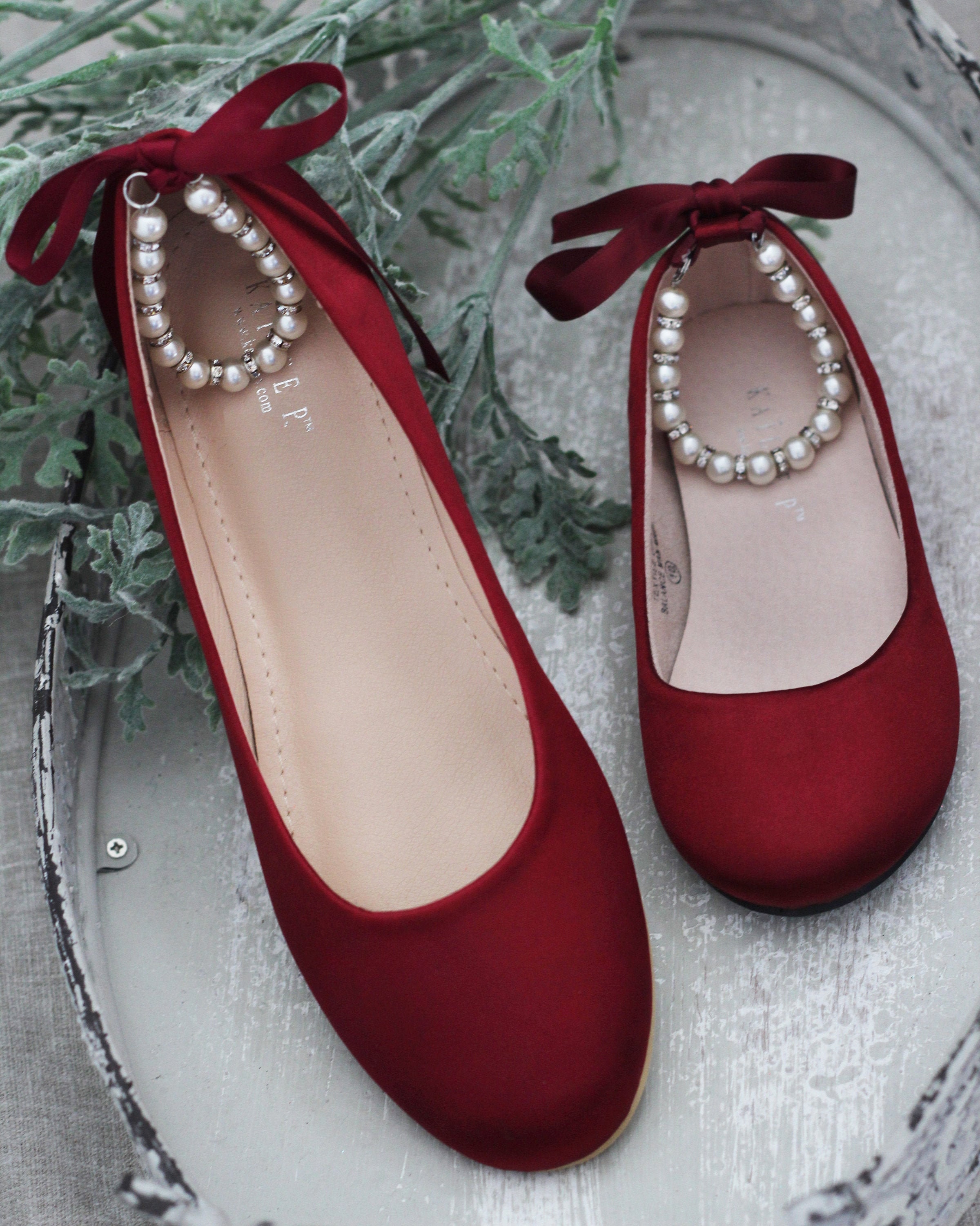 Women Kids Shoes Burgundy Satin Flats With Pearls Ankle Strap Flower Girls Shoes Fall Wedding Shoes Bridesmaids Shoes Holiday Shoes Etsy