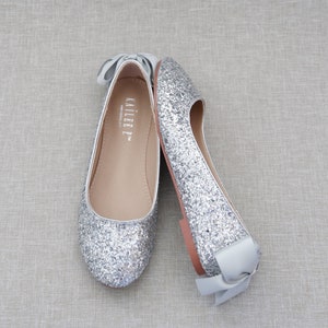 Silver Rock Glitter Flats With Back Satin Bow Bridal Shoes - Etsy
