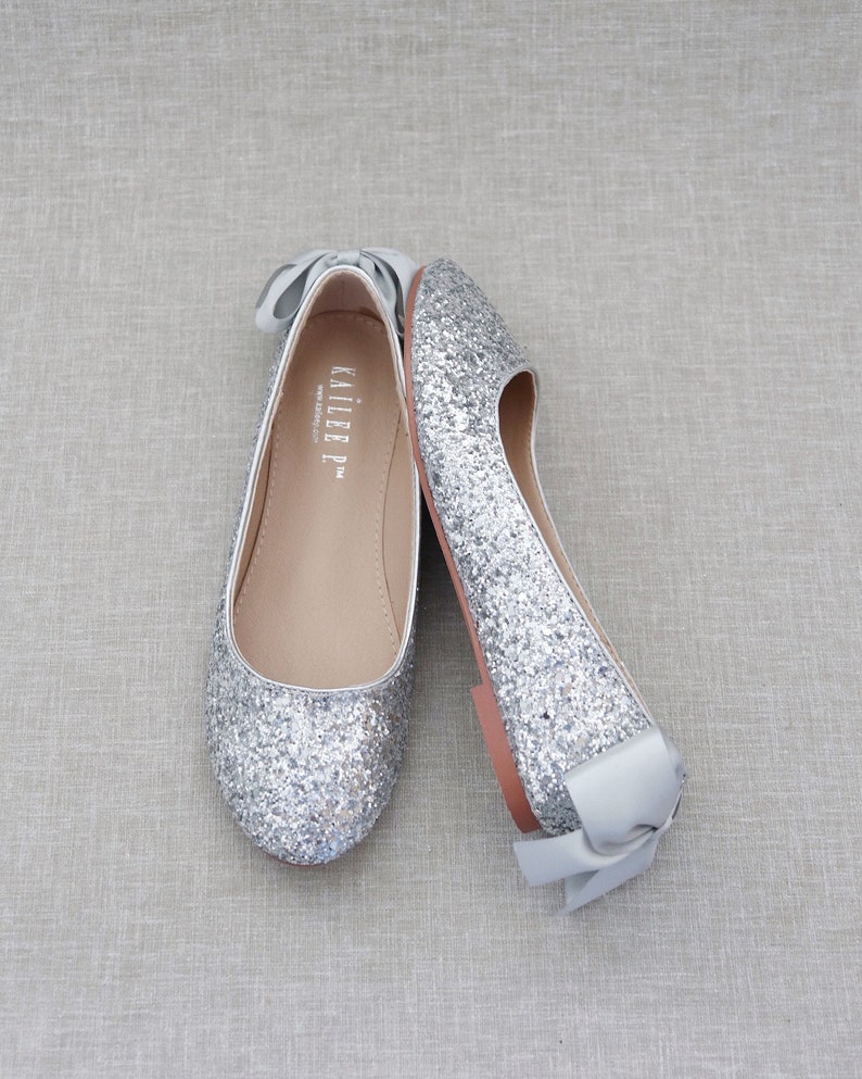 Silver Rock Glitter Flats With Back Satin Bow Bridal Shoes - Etsy