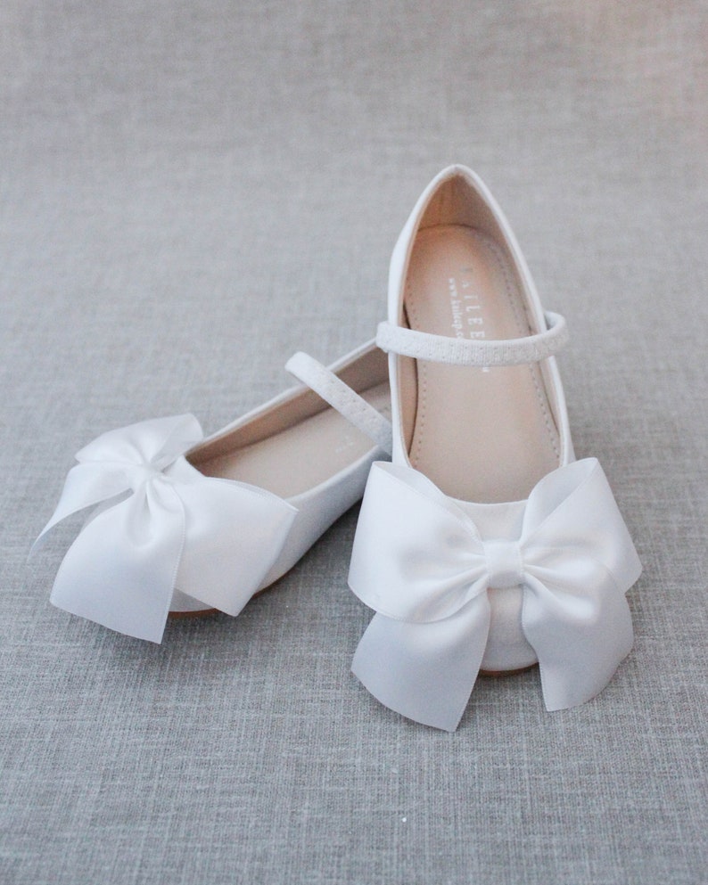White Satin Mary Jane Flats With FRONT SATIN BOW - Flower Girls Shoes ...