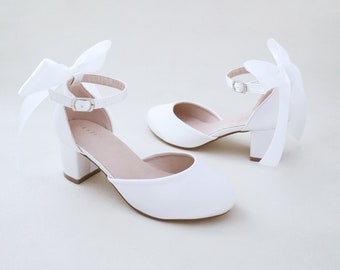 Women Kids White Satin Block Heel with SATIN BACK BOW Women Wedding Shoes Bridesmaids Shoes Flower Girls Shoes Bridal Heels