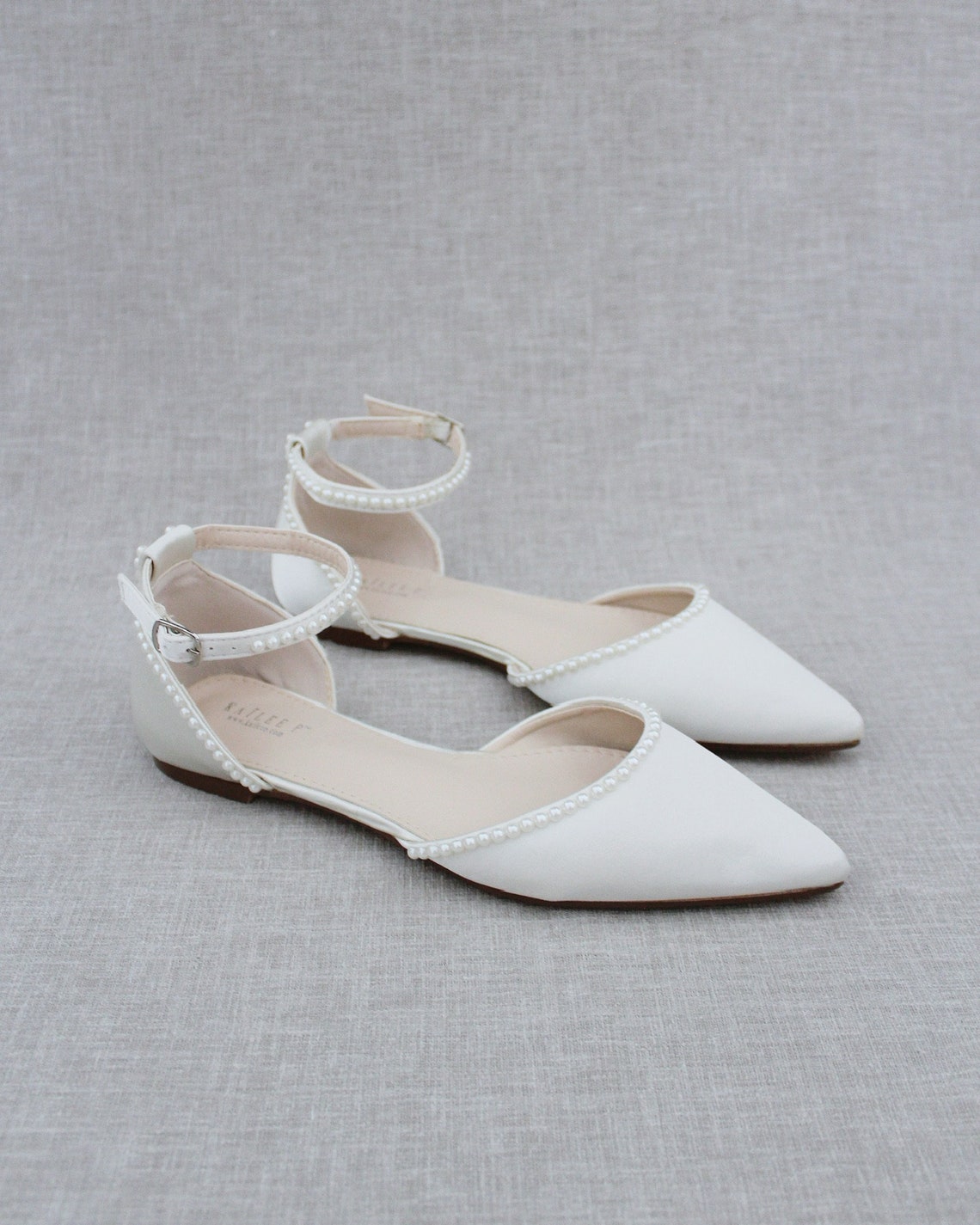 Ivory Satin Pointy Toe Flats with MINI PEARLS and Ankle Strap image 1