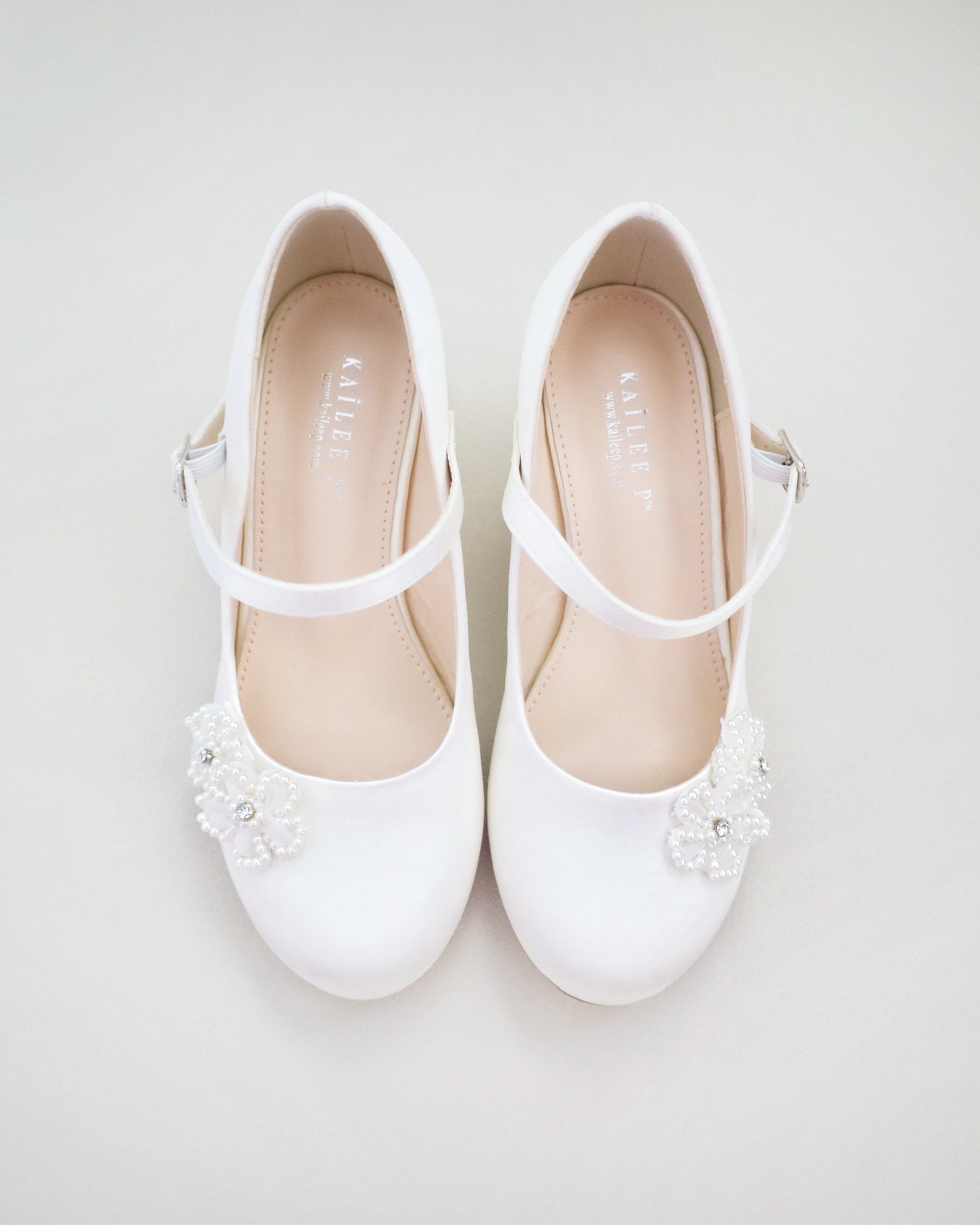 Ivory & White Satin Mary Jane Girls Block Heel With All Pearls Chassia ...