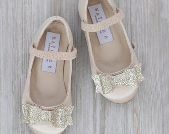 CHAMPAGNE Satin Mary-Jane with Fine Glitter Tuxedo Bow for Fall Flower Girls Shoes, Birthday Shoes, Holiday Shoes