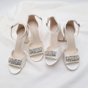 White & Ivory Satin Block Heel Wedding Sandals with Crystelle Rhinestones - Women Wedding Shoes, Bridal Shoes, Wedding Heels
