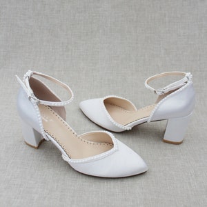 White & Ivory Satin Almond Toe Block Heels With MINI PEARLS - Etsy