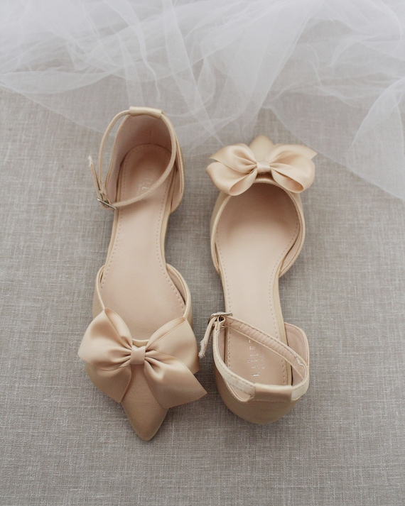 Champagne Satin Pointy Toe Flats With Front Satin Bow Fall