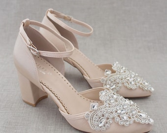 Champagne Satin Block Heel with Rhinestones Applique - Fall Wedding Shoes, Bridesmaids Shoes, Bridal Shoes, Block Heels