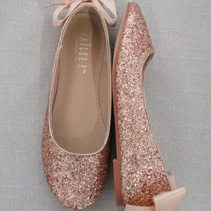 Rose Gold Rock Glitter Flats With Back Satin Bow Fall - Etsy