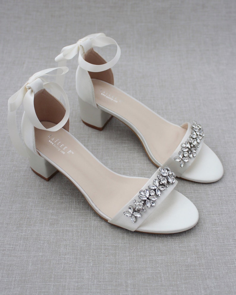 Ivory Satin Block Heel Sandals With FLORAL RHINESTONES on - Etsy