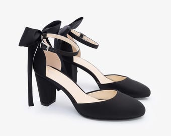 Satin Block Heel with Ankle Strap and Satin Back Bow, Women Wedding Shoes, Bridesmaids Shoes, Evening Shoes, Bridal Heels, Bride Pumps