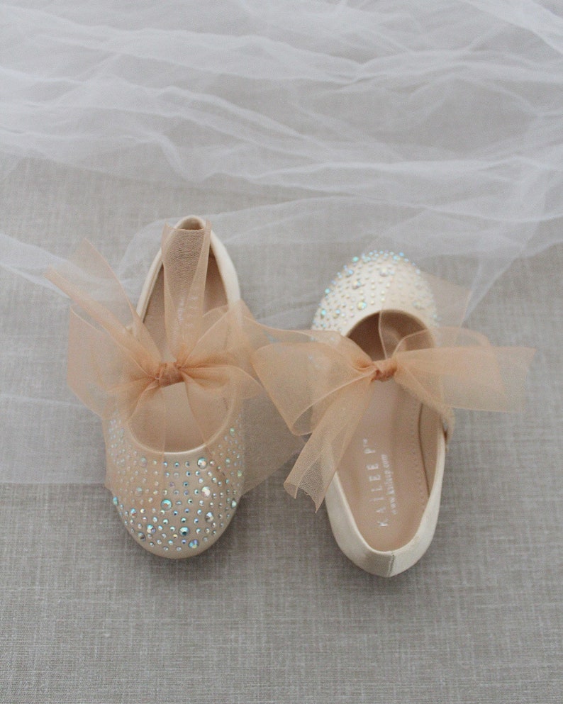 Champagne Satin Mary Jane Flats With CHIFFON BOW and - Etsy