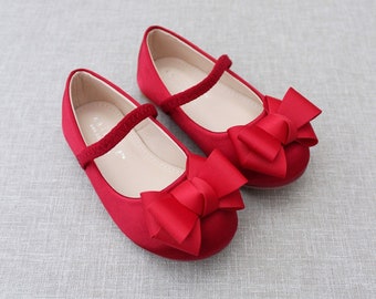 RED Satin Maryjane with GROSGRAIN BOW for flower girl shoes, Valentines Day Shoes, Toddler Girl Shoes