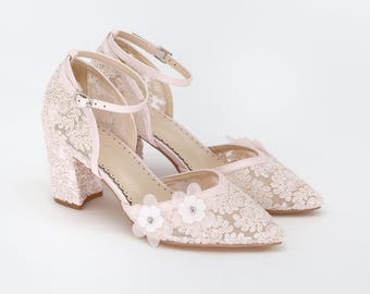 Dusty Pink Crochet Lace Almond Toe Block Heel with Flower Applique - Women Wedding Shoes, Bridesmaids Shoes, Bridal Shoes, Block Heels