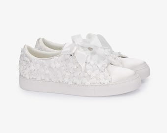 White Satin Wedding Platform Sneakers with Pearls Petal, Wedding Shoes, Bridesmaids, Special Occassions, Bridal Flats