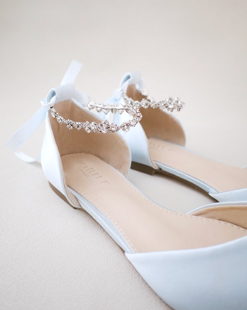 Light Blue Satin Pointy Toe Flats With Amaryllis Strap Women Etsy