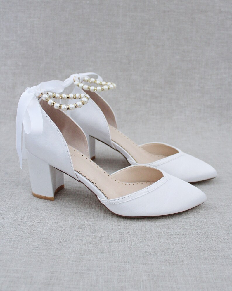 Satin Almond Toe Block Heel With Pearl Ankle Strap Women - Etsy