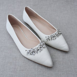 Ivory Satin Pointy Toe Flats with FLORAL RHINESTONES Embellishment, Women Wedding Shoes, Bridesmaid Shoes, Ivory Bridal Shoes, Bride Shoes