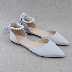 Silver Satin Pointy Toe Flats with ALL PEARLS Ankle Strap, Holiday Wedding Shoes, Bridal Shoes, Satin Wedding Shoes, Silver Bridal Shoes