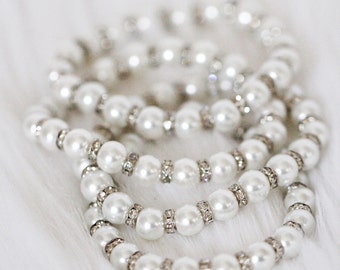 PEARLS Bracelet with SILVER Rhinestone  - Women Wedding Bracelet, Bridesmaids gift, Bridal Gift