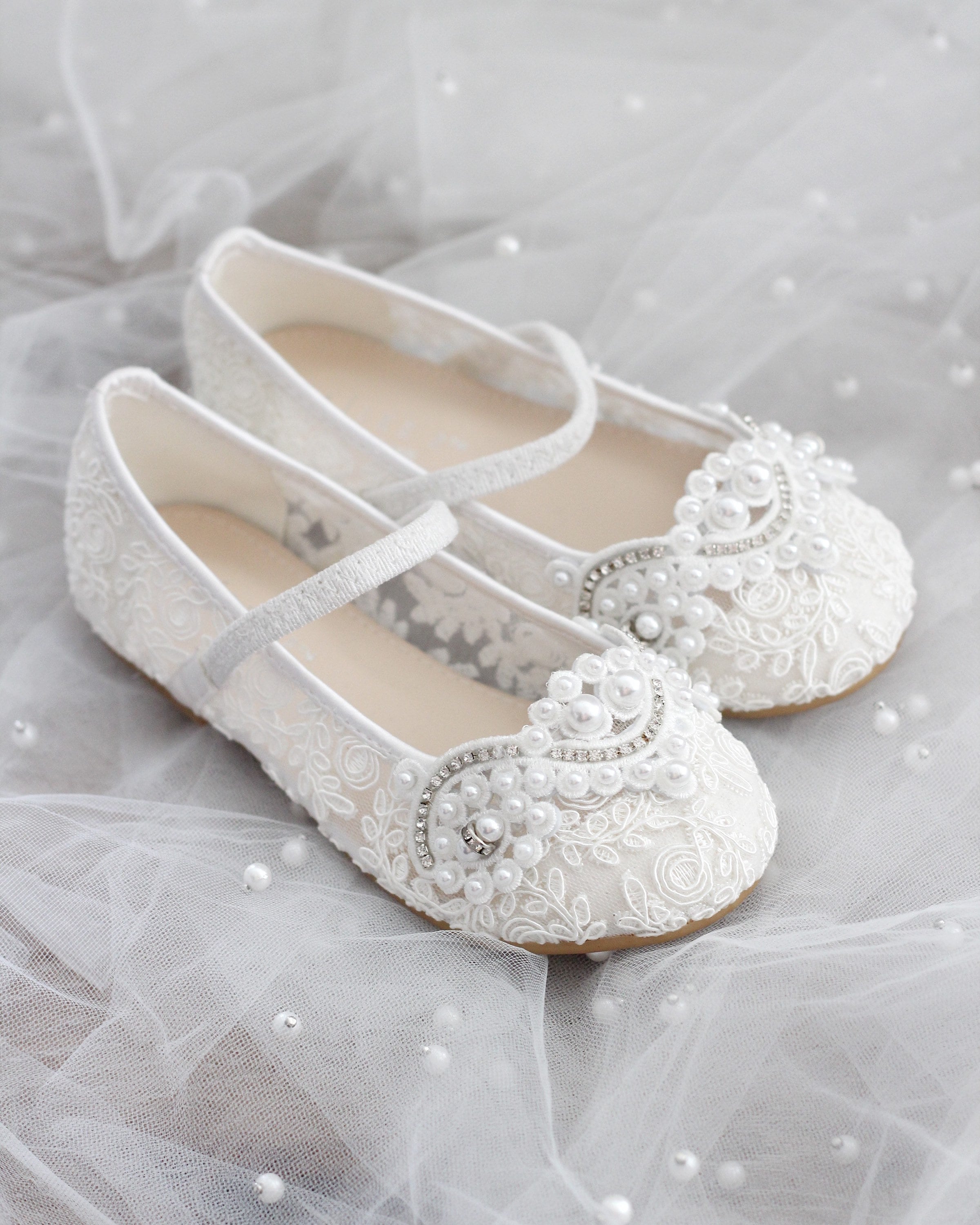 White Crochet Lace Mary Jane Flats With Small Pearls Applique