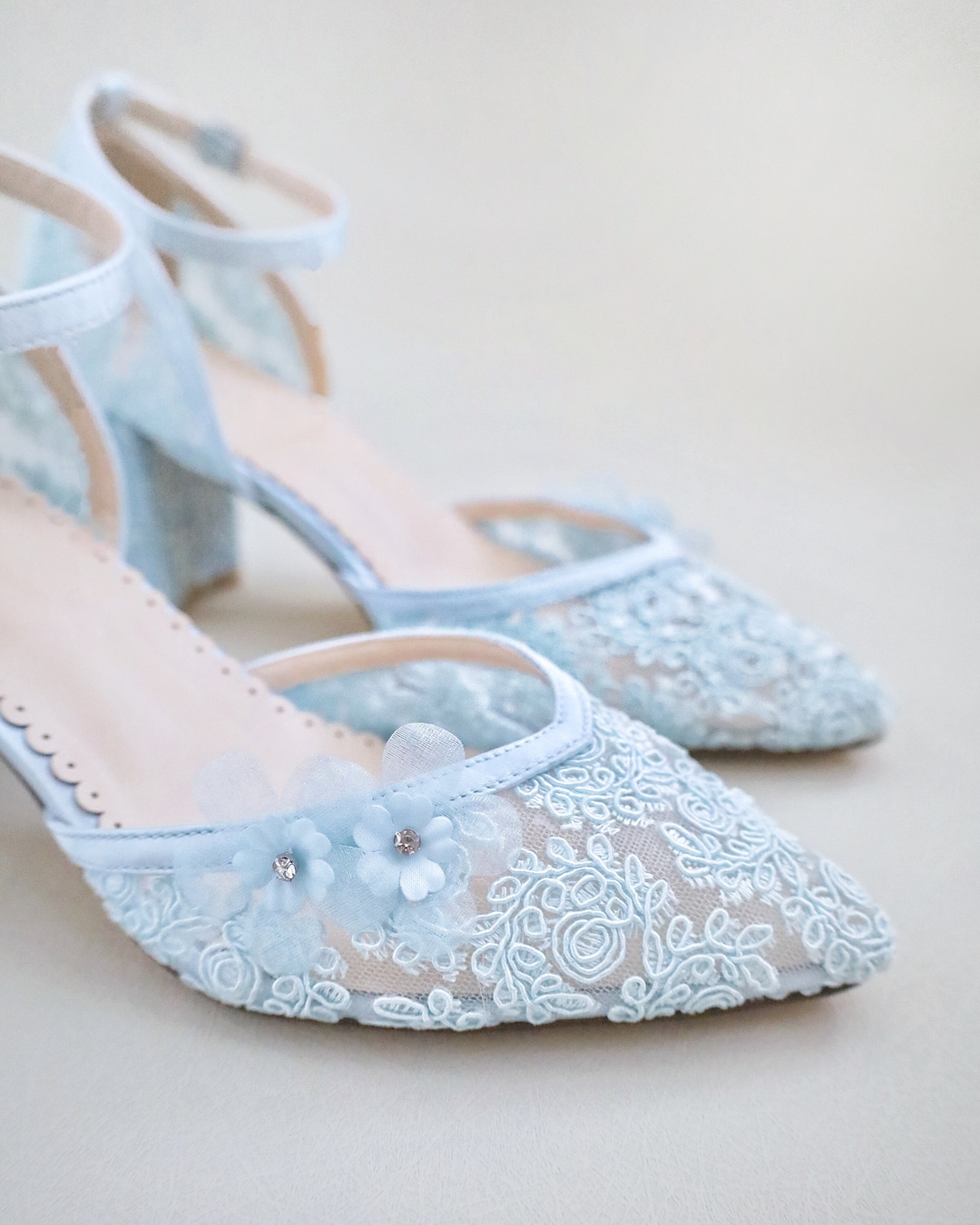 blue shoes with ivory wedding dress Light Blue Crochet Lace Almond Toe Block Heel with Flower Appliques