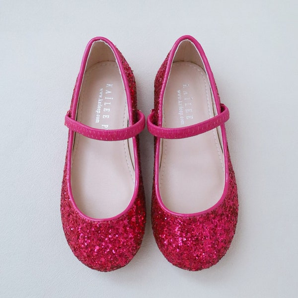 Fuchsia Rock Glitter Maryjane Flats, For Flower Girls, Party Shoes, Holiday Shoes, Birthday Shoes