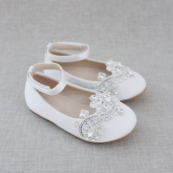 White Satin Flats with Small Rhinestones Applique, for Flower Girls, Christening and Baptism Shoes, Birthday Shoes, Formal Shoes