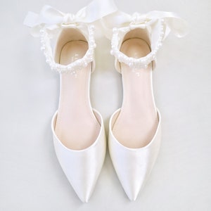 White & Ivory Satin Pointy Toe Wedding Flats with Perla Ankle Strap, Women Wedding Shoes, Bridal Shoes, Bridal Flats, White Shoes image 7