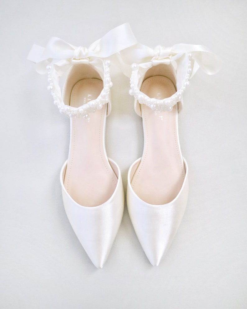 White & Ivory Satin Pointy Toe Wedding Flats with Perla Ankle Strap, Women Wedding Shoes, Bridal Shoes, Bridal Flats, White Shoes image 7