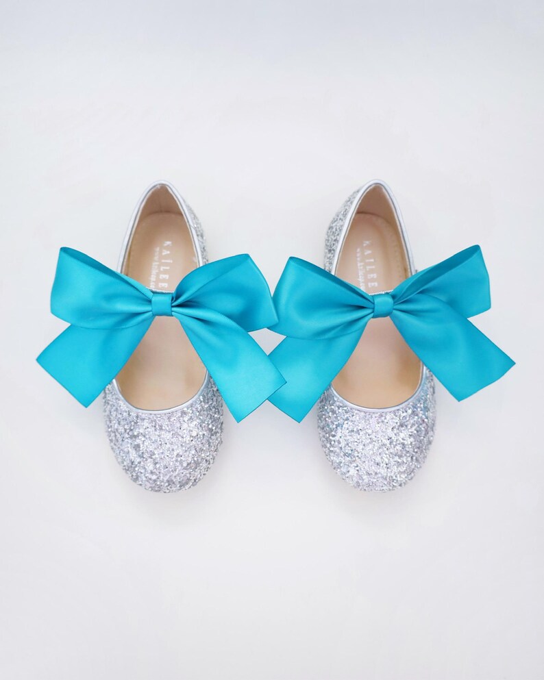 May include: A pair of silver glitter ballet flats with turquoise satin bows. The shoes are tied with a bow at the front.