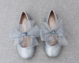 Silver Fine Glitter Maryjane with Glitter Chiffon bow for flower girl, Toddler Girl shoes, Kids Girls Shoes, Holiday Shoes