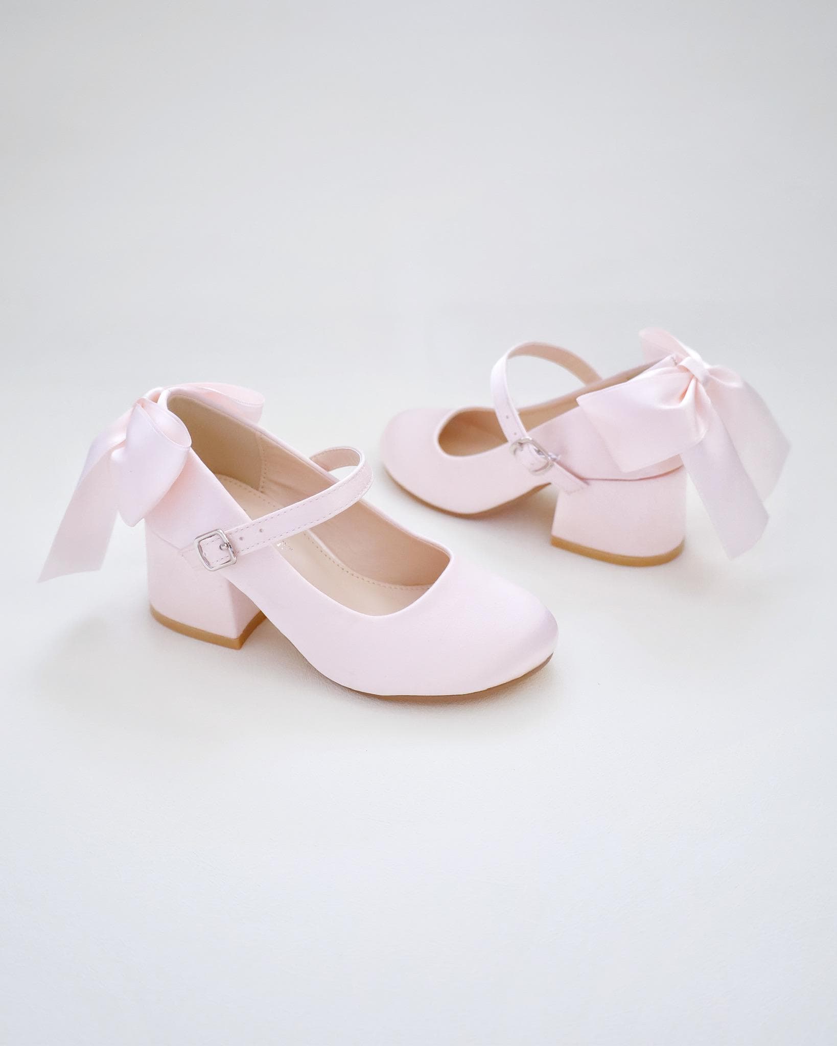 Dusty Pink Girls Satin Mary Jane Block Heel With Back Satin Bow, Flower ...