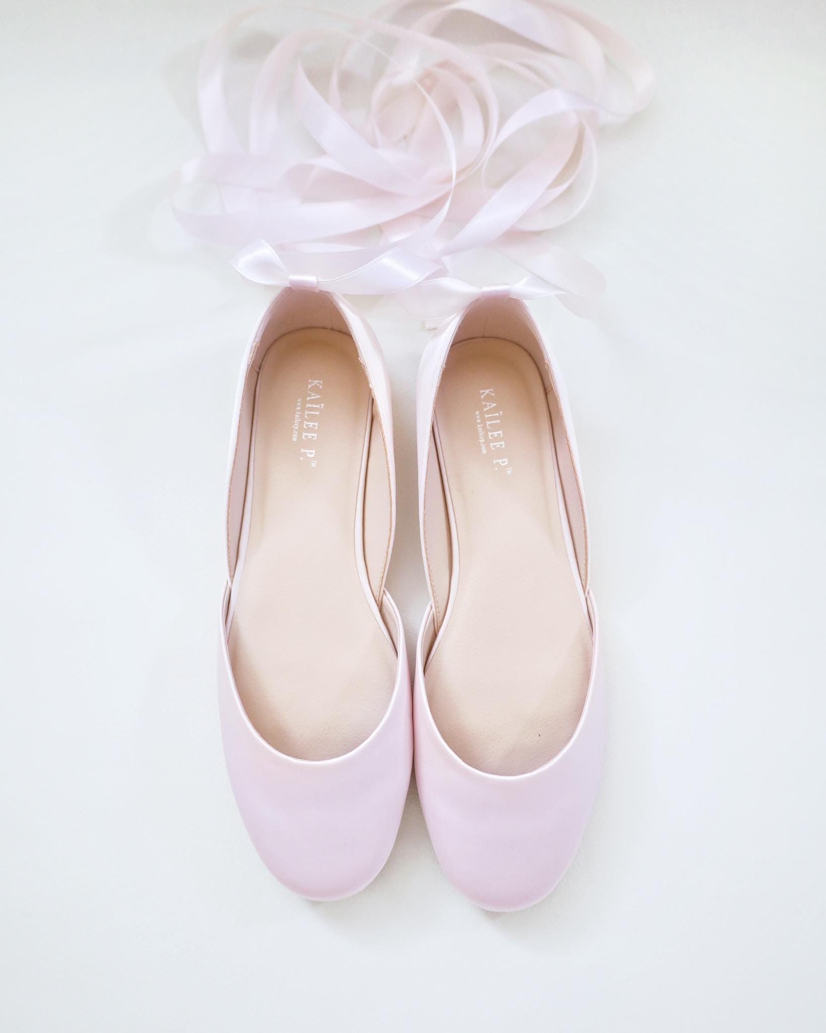 Dusty Pink Satin Round Toe Bridal Flat With Ballerina Lace up - Bridal ...