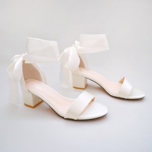 Ivory Satin Block Heel Sandal with WRAPPED SATIN TIE, Bridesmaid Shoes, Jr. Bridesmaids Shoes, Women Sandals, Fall Wedding Shoes