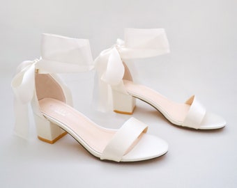 Ivory Satin Block Heel Sandal with WRAPPED SATIN TIE, Bridesmaid Shoes, Jr. Bridesmaids Shoes, Women Sandals, Fall Wedding Shoes