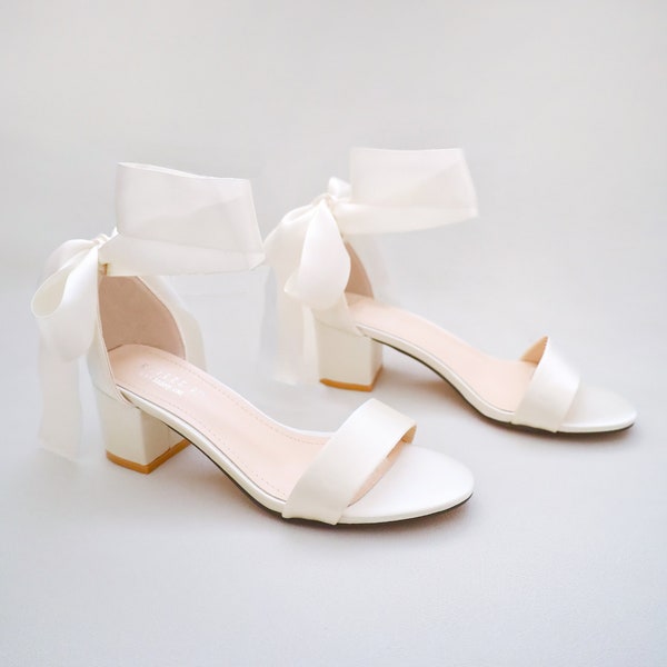 Ivory Satin Block Heel Sandal with WRAPPED SATIN TIE, Bridesmaid Shoes, Jr. Bridesmaids Shoes, Women Sandals, Fall Wedding Shoes
