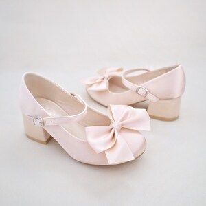 Champagne Girls Satin Mary Jane Block Heel With Front Satin Bow, Flower ...