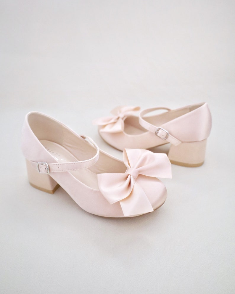 Champagne Girls Satin Mary Jane Block Heel With Front Satin Bow, Flower ...