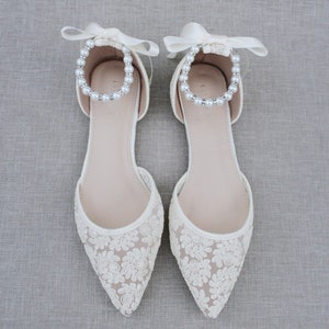 Ivory Crochet Lace Pointy Toe Flats Women Wedding Shoes, Bridesmaid ...